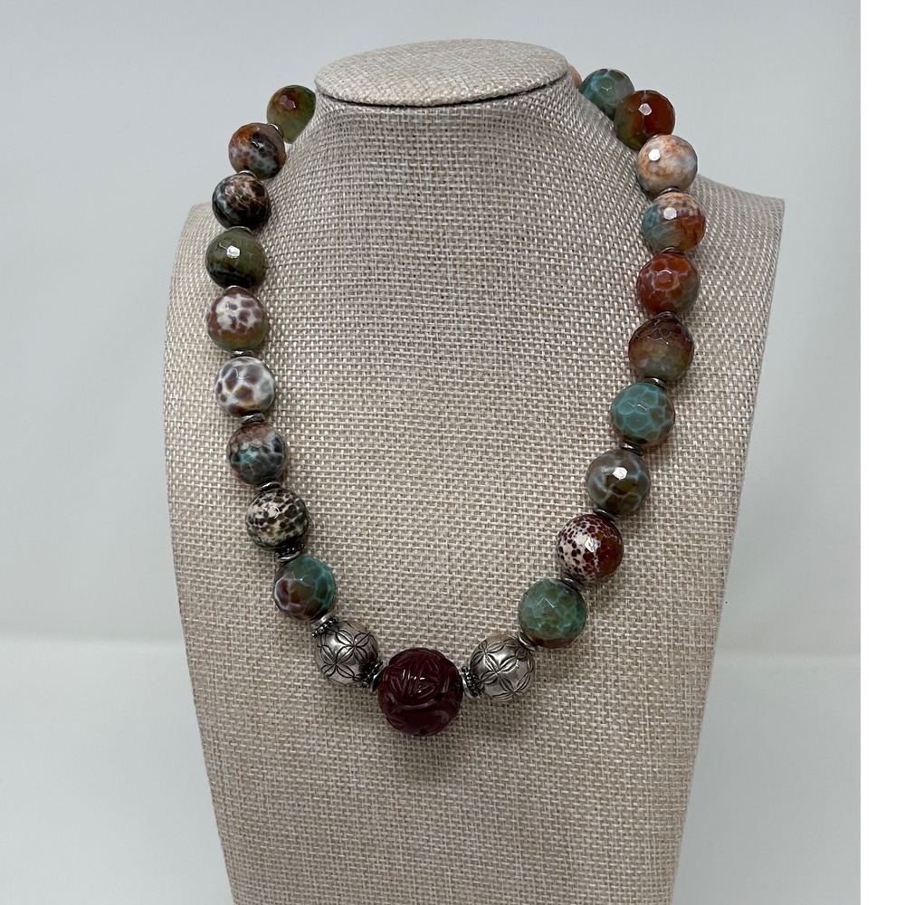 Artisan 925 Sterling Silver Multicolor Dragon Vein Agate Bead Necklace 18"